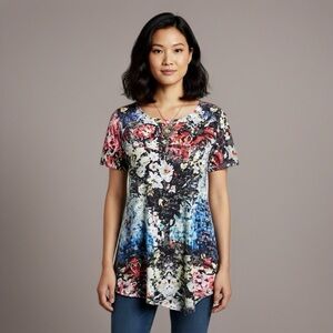 LOGO by Lori Goldstein Tunic Semi-Sheer Lightweight Floral Size Small